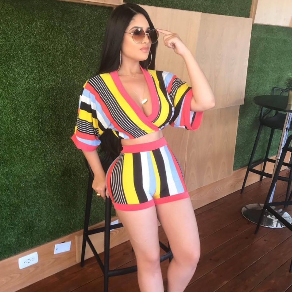 Plus Size Two Piece Set Deep V Colorful Striped Set